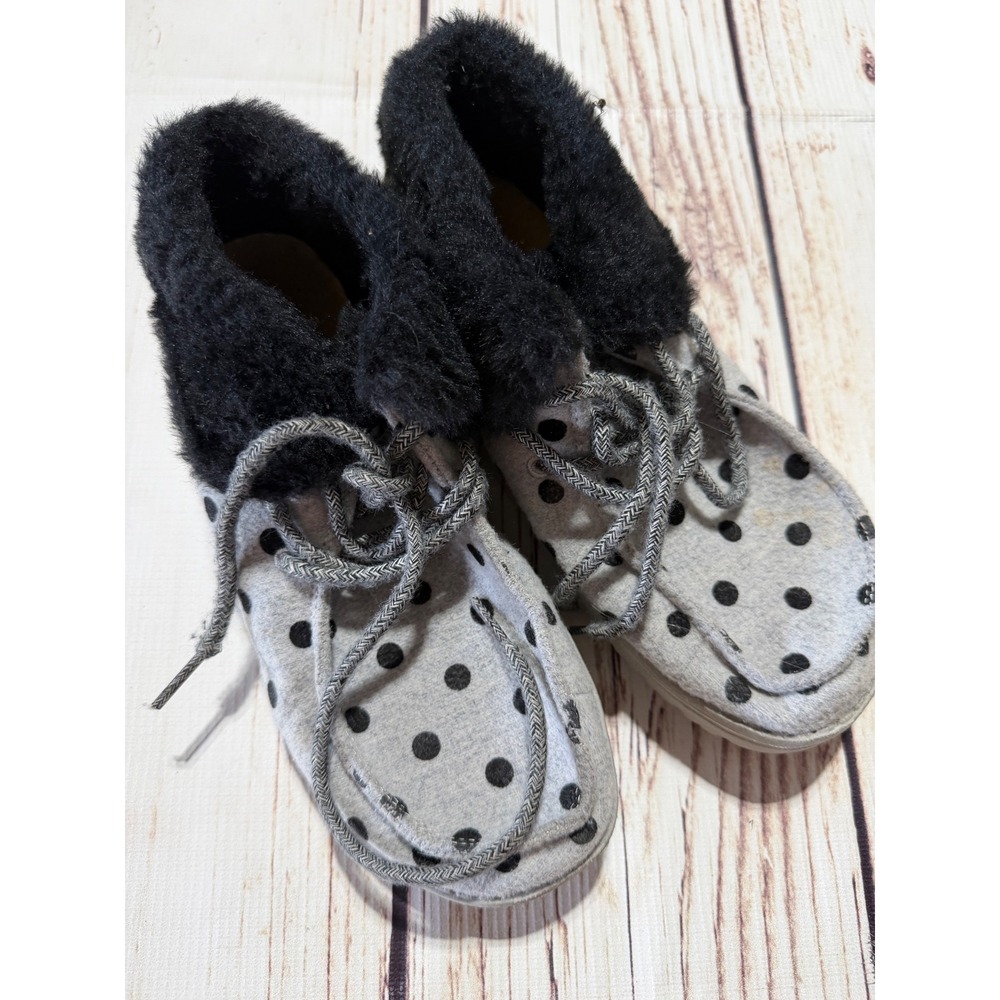 Hey Dude Youth Size 3 Grey Polka Dot Faux Fur Lined Slip On Loafers Shoes